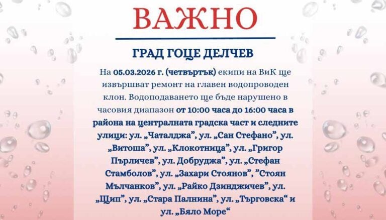 Важно съобщение от „Водоснабдяване и Канализация“ ЕООД – Благоевград за жителите на гр. Гоце Делчев