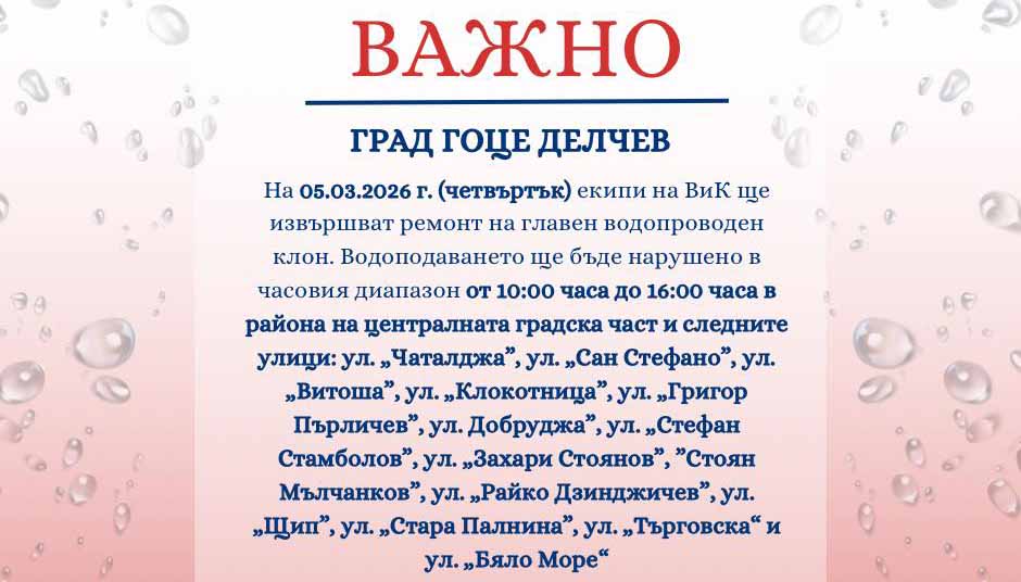 Важно съобщение от „Водоснабдяване и Канализация“ ЕООД – Благоевград за жителите на гр. Гоце Делчев