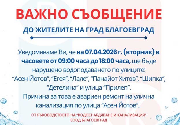 Без вода от 9 до 18 часа