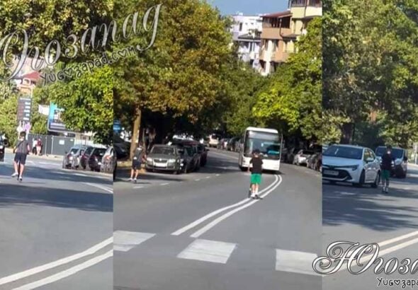 Безумие в Благоевград! Две деца с тротинетки летят в насрещното срещу автобус и автомобили в ж.к. „Еленово“